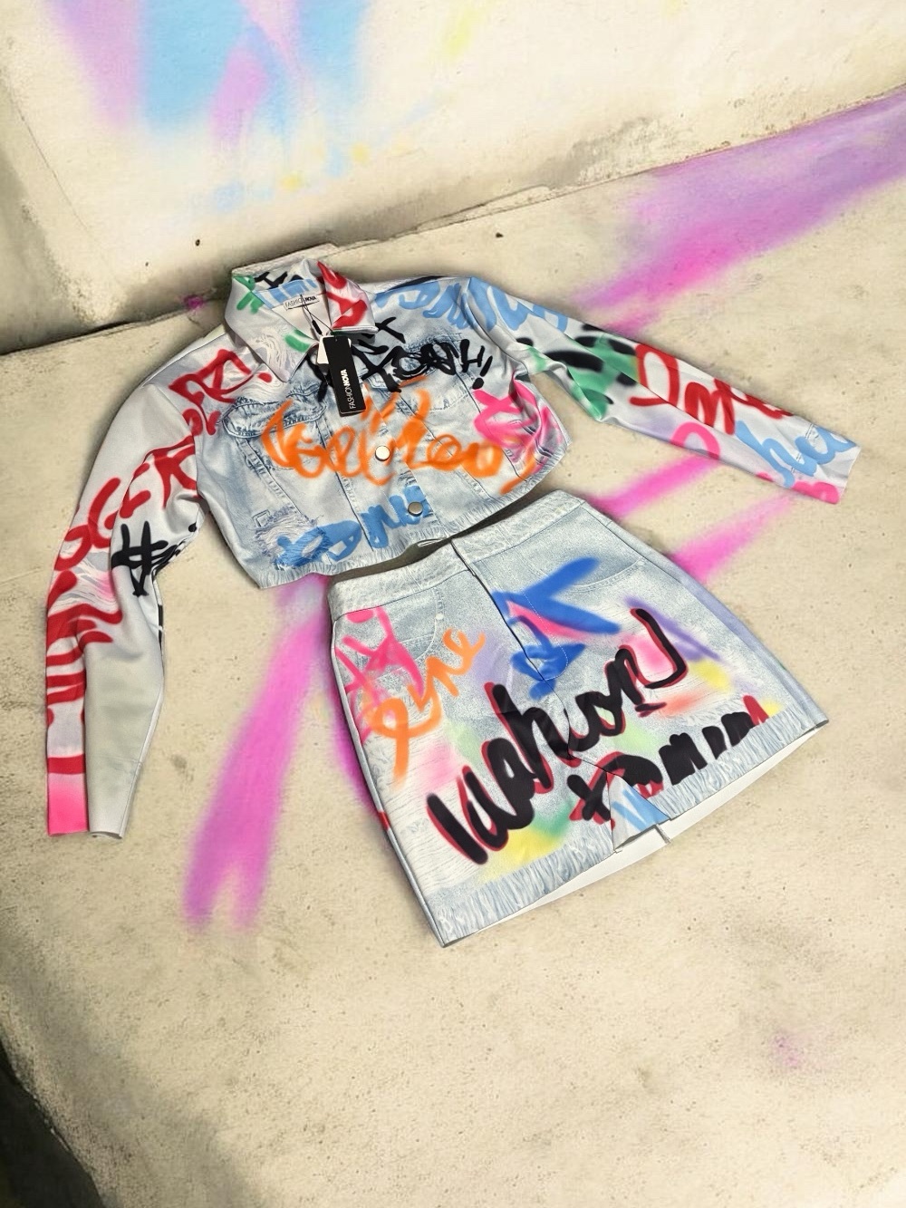 Fashion Nova Light Graffiti Mini Skirt and long sleeve top - Multicolor Spray